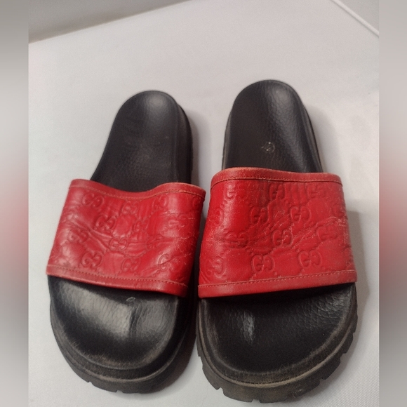 Gucci Men's Signature Guccissa Leather Slide Sandals 10 Red - Picture 1 of 14